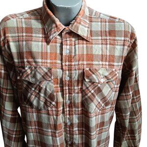 Men's XL Skater Flannel Shirt Vintage 80's Woodland Plaid Button-Up Beige Butter